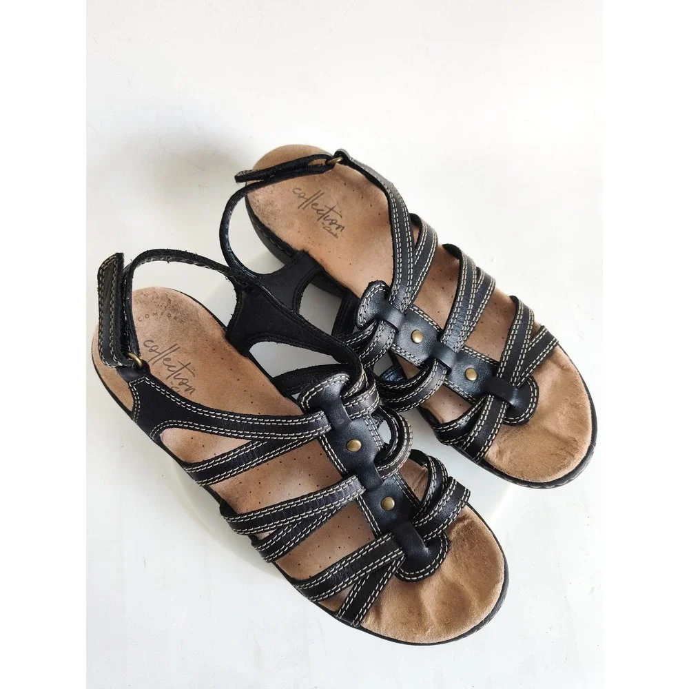 Clarks Sandals Size 8 Leather Comfort Delana Curve Strappy Black Contrast Stitch